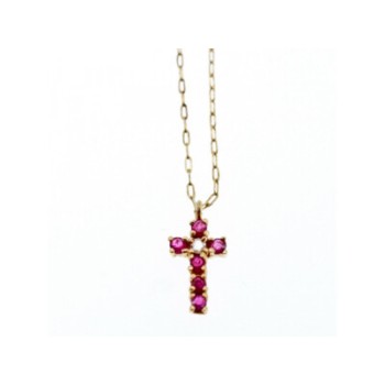 14K YELLOW GOLD RUBIES & DIAMOND CHAIN WITH CROSS PENDANT