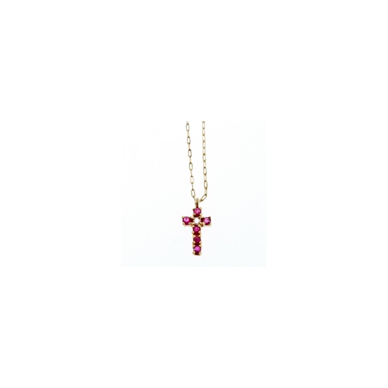 14K YELLOW GOLD RUBIES & DIAMOND CHAIN WITH CROSS PENDANT