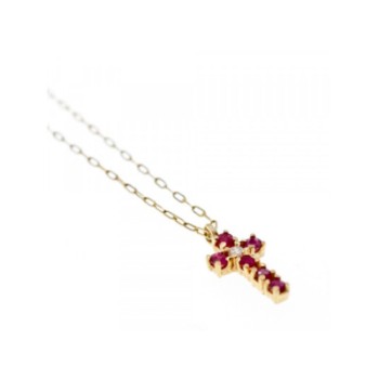 14K YELLOW GOLD RUBIES & DIAMOND CHAIN WITH CROSS PENDANT