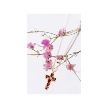 14K YELLOW GOLD RUBIES & DIAMOND CHAIN WITH CROSS PENDANT