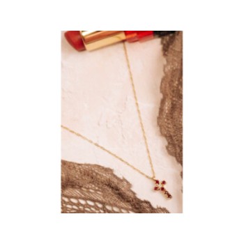 14K YELLOW GOLD RUBIES & DIAMOND CHAIN WITH CROSS PENDANT