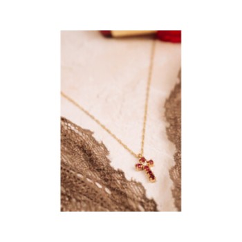 14K YELLOW GOLD RUBIES & DIAMOND CHAIN WITH CROSS PENDANT