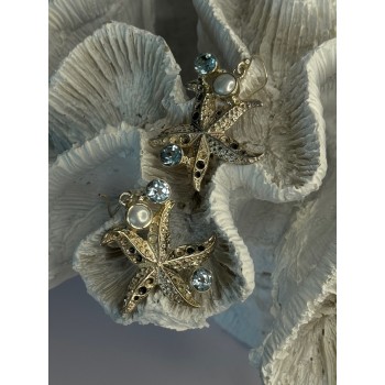 925 Sterling Silver See Star Blue Topaz & Pearl Earrings Length 1.70 inch