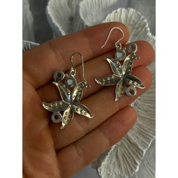 925 Sterling Silver See Star Blue Topaz & Pearl Earrings Length 1.70 inch