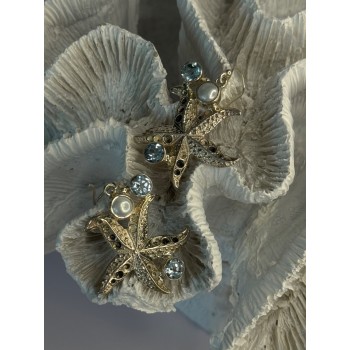 925 Sterling Silver See Star Blue Topaz & Pearl Earrings Length 1.70 inch