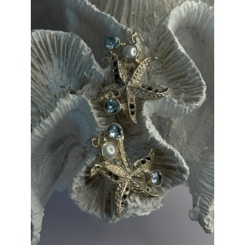 925 Sterling Silver See Star Blue Topaz & Pearl Earrings Length 1.70 inch