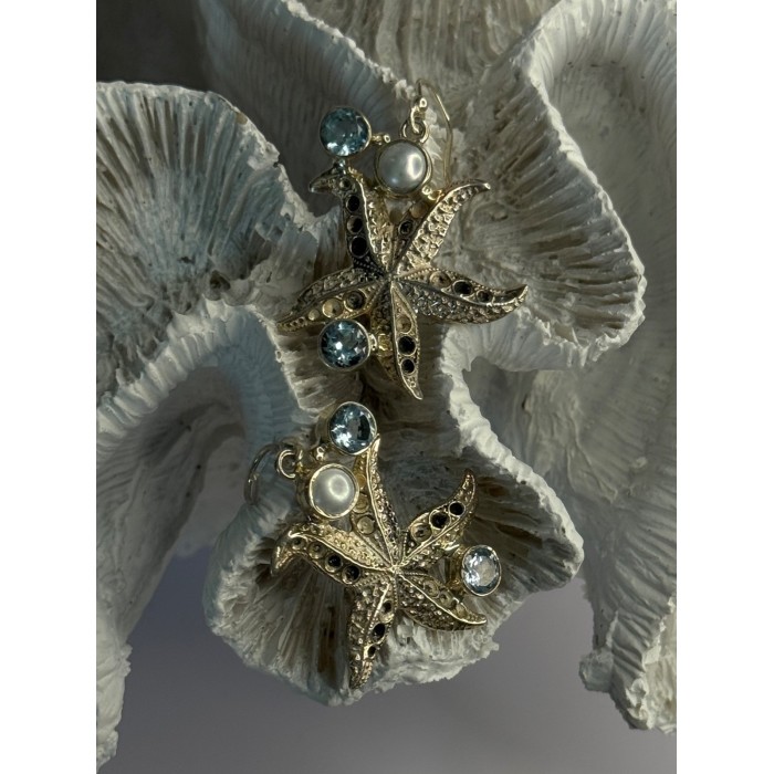 925 Sterling Silver See Star Blue Topaz & Pearl Earrings Length 1.70 inch