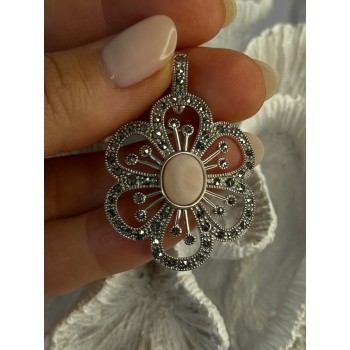 925 Sterling Silver Pink Agate & Marcasite Flower Pendant Length 1.75 inch