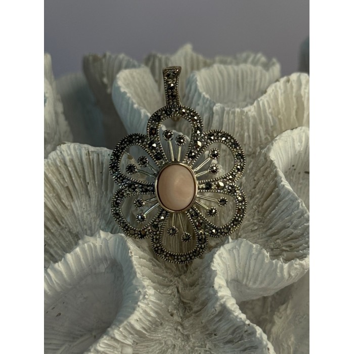 925 Sterling Silver Pink Agate & Marcasite Flower Pendant Length 1.75 inch