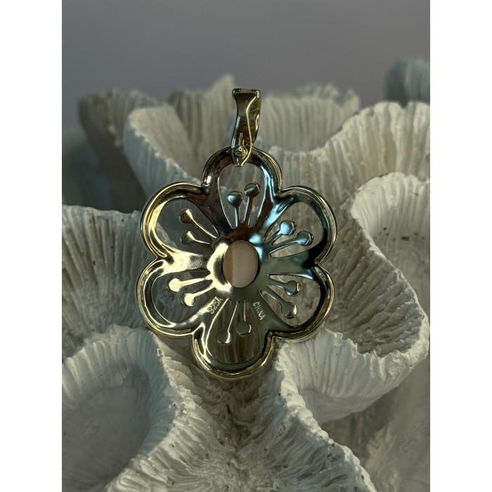 925 Sterling Silver Pink Agate & Marcasite Flower Pendant Length 1.75 inch