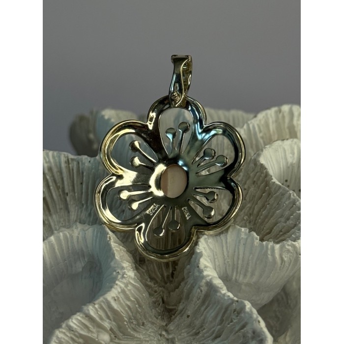 925 Sterling Silver Pink Agate & Marcasite Flower Pendant Length 1.75 inch