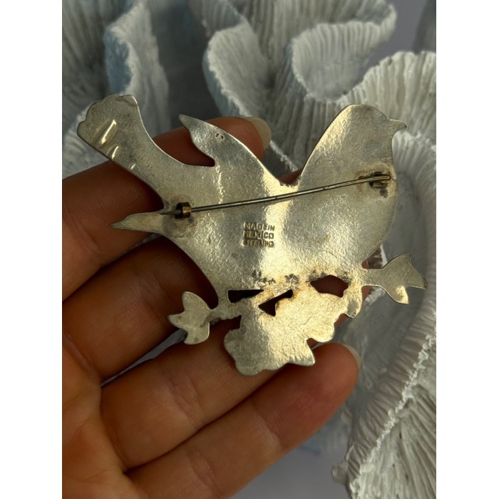 925 Sterling Silver Brooch Turquoise Birds Length 2.20 inch