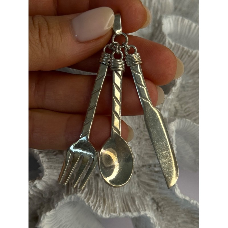 Vintage 925 Sterling Silver Spoon Knife Fork Pendant Length 2.70 inch