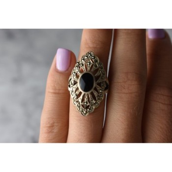 925 Sterling Silver Black Tourmaline & Marcasites Ring Size 6