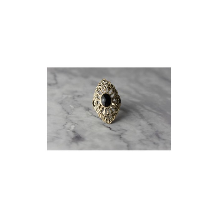 925 Sterling Silver Black Tourmaline & Marcasites Ring Size 6