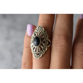 925 Sterling Silver Black Tourmaline & Marcasites Ring Size 6