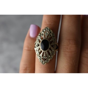 925 Sterling Silver Black Tourmaline & Marcasites Ring Size 6