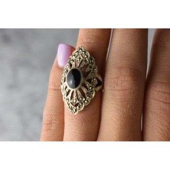 925 Sterling Silver Black Tourmaline & Marcasites Ring Size 6