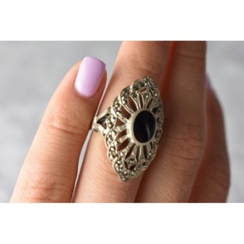 925 Sterling Silver Black Tourmaline & Marcasites Ring Size 6