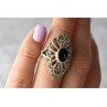 925 Sterling Silver Black Tourmaline & Marcasites Ring Size 6