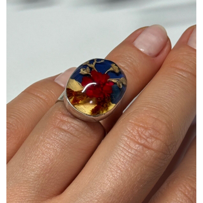 925 Sterling Silver With Natural Flowers In Epoxy Resin Ring Size 5