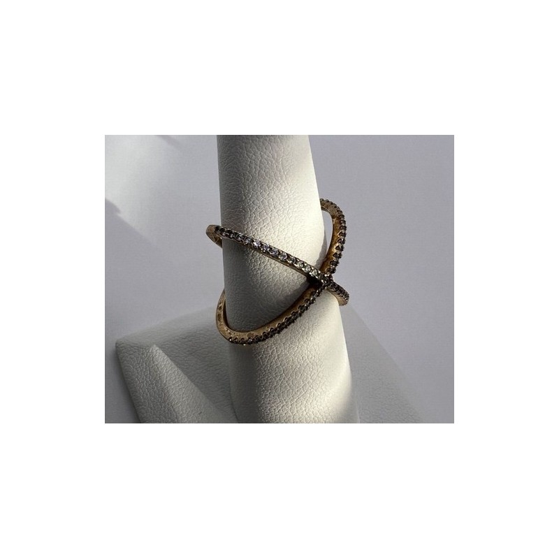 925 Sterling Silver Ring criss Cross With CZ & Gold Plated Size 7