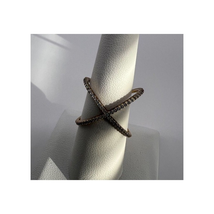 925 Sterling Silver Ring criss Cross With CZ & Gold Plated Size 7