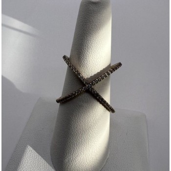925 Sterling Silver Ring criss Cross With CZ & Gold Plated Size 7