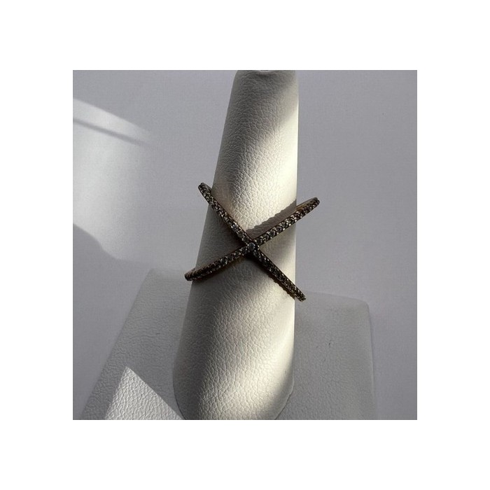 925 Sterling Silver Ring criss Cross With CZ & Gold Plated Size 7