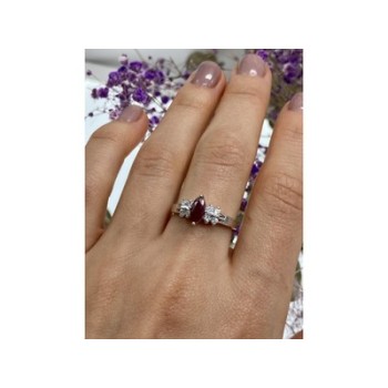 925 Sterling Silver Rubellite & CZ Ring Size 9
