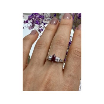 925 Sterling Silver Rubellite & CZ Ring Size 9