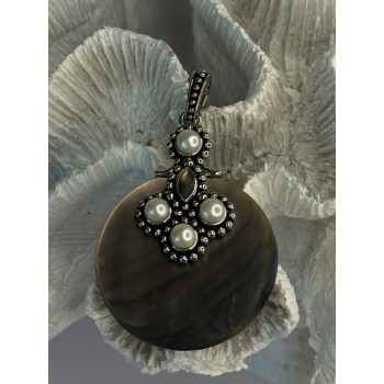 925 Sterling Silver Abalone & Pearl Pendant Length 2.30 inch
