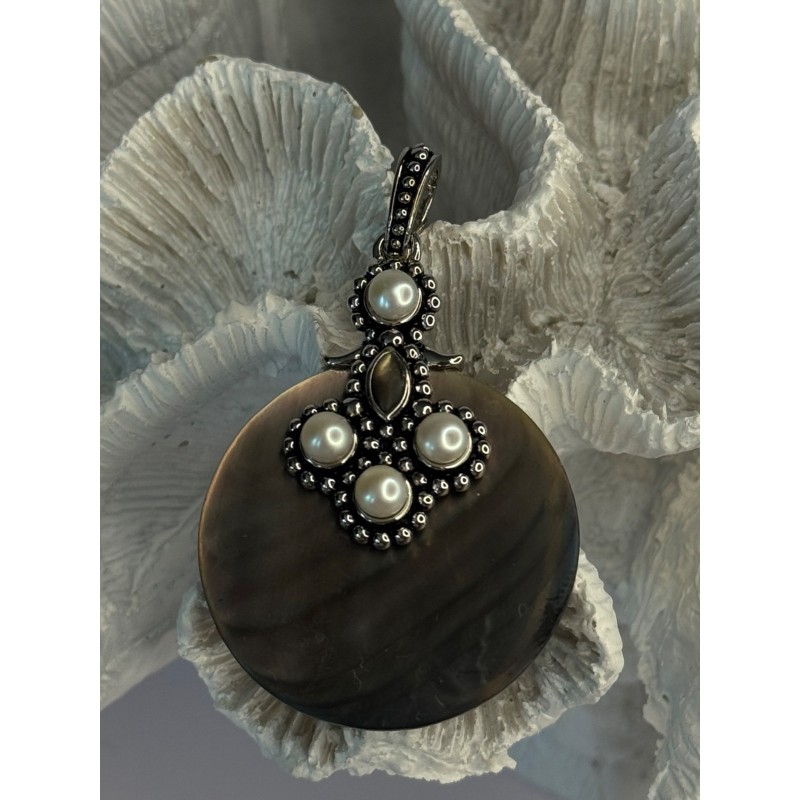 925 Sterling Silver Abalone & Pearl Pendant Length 2.30 inch