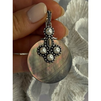 925 Sterling Silver Abalone & Pearl Pendant Length 2.30 inch