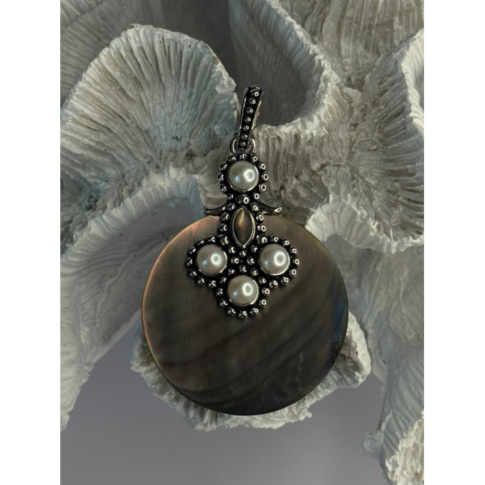 925 Sterling Silver Abalone & Pearl Pendant Length 2.30 inch