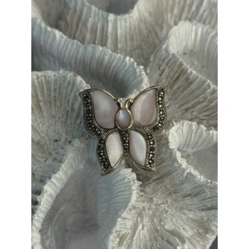 925 Sterling Silver Pink Abalone & Marcasite Butterfly Ring Size 7