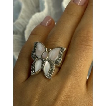 925 Sterling Silver Pink Abalone & Marcasite Butterfly Ring Size 7