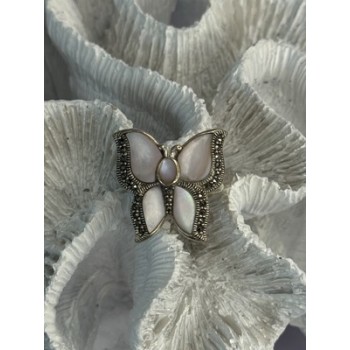 925 Sterling Silver Pink Abalone & Marcasite Butterfly Ring Size 7