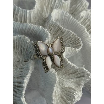 925 Sterling Silver Pink Abalone & Marcasite Butterfly Ring Size 7