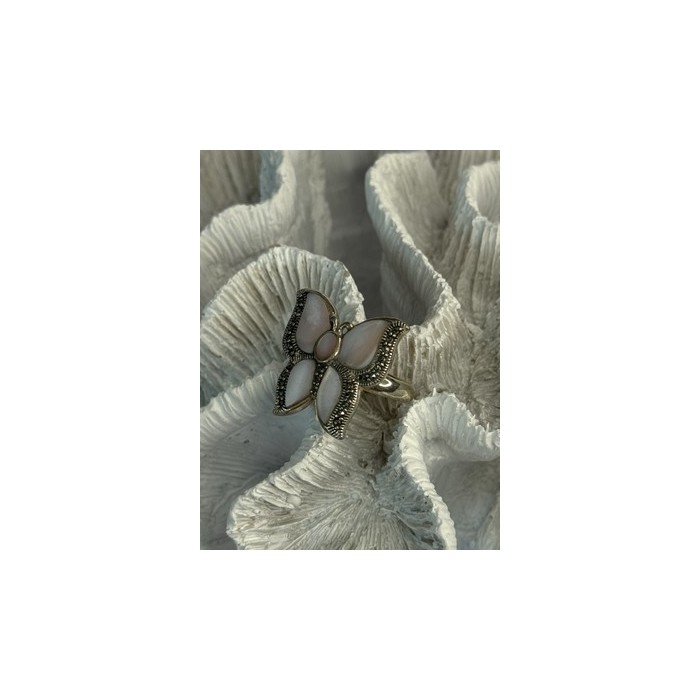 925 Sterling Silver Pink Abalone & Marcasite Butterfly Ring Size 7