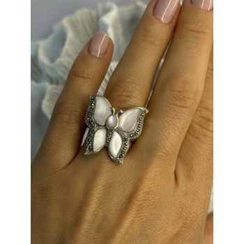 925 Sterling Silver Pink Abalone & Marcasite Butterfly Ring Size 7