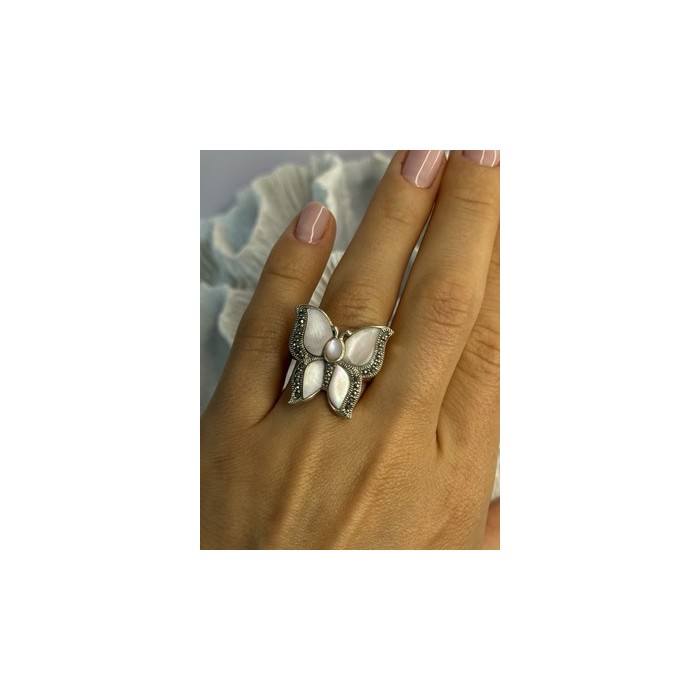 925 Sterling Silver Pink Abalone & Marcasite Butterfly Ring Size 7