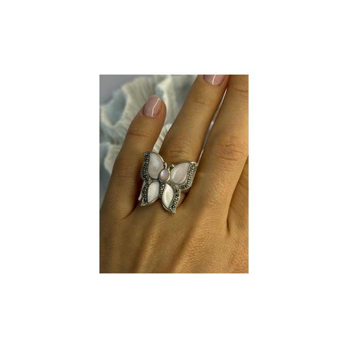 925 Sterling Silver Pink Abalone & Marcasite Butterfly Ring Size 7