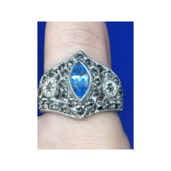 925 Sterling Silver Blue Spinel & Marcasites Ring Size 5.5
