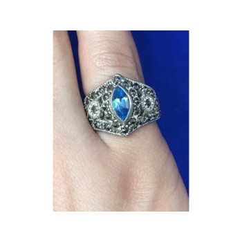 925 Sterling Silver Blue Spinel & Marcasites Ring Size 5.5