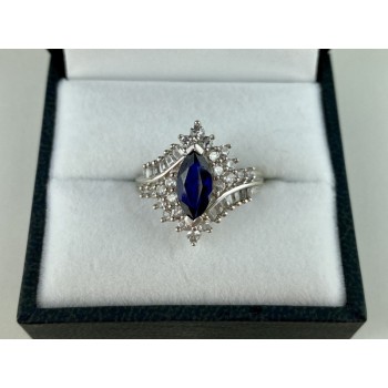 925 Sterling Silver Sapphire & CZ Ring Size 6.5