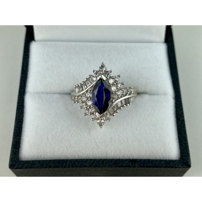 925 Sterling Silver Sapphire & CZ Ring Size 6.5