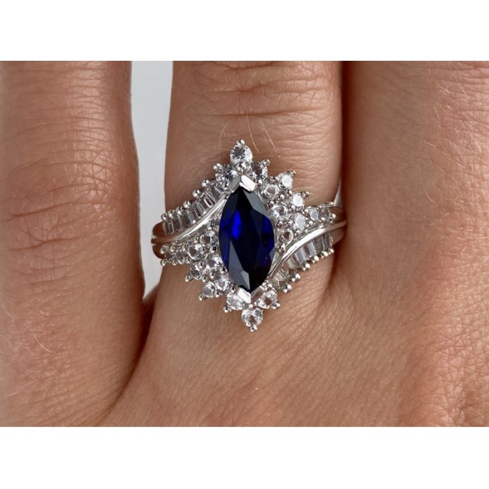 925 Sterling Silver Sapphire & CZ Ring Size 6.5