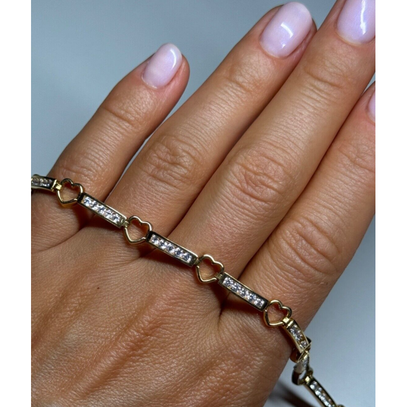 925 STERLING SILVER GOLD PLATED CZ HEARTS  BRACELET