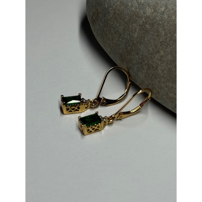 925 Sterling Silver Gold Plated Emerald & Beryl Earrings Length 25 Mm